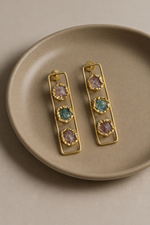 Load image into Gallery viewer, Lilac and Aqua Triple Stone Frame Earrings