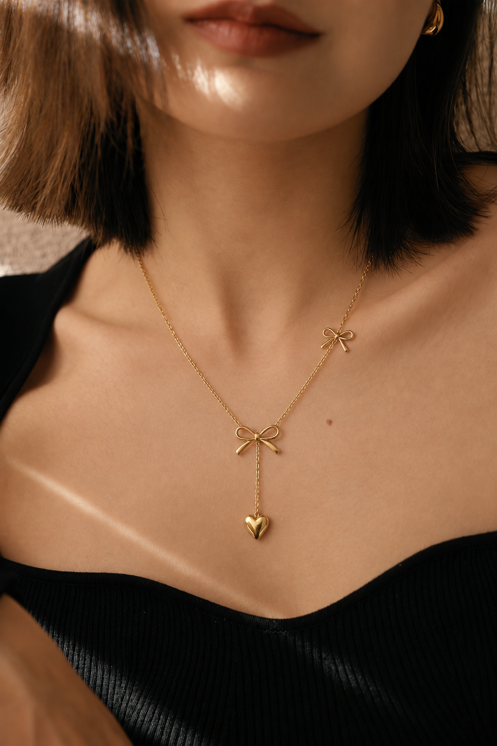 Double Bow Heart Drop Necklace