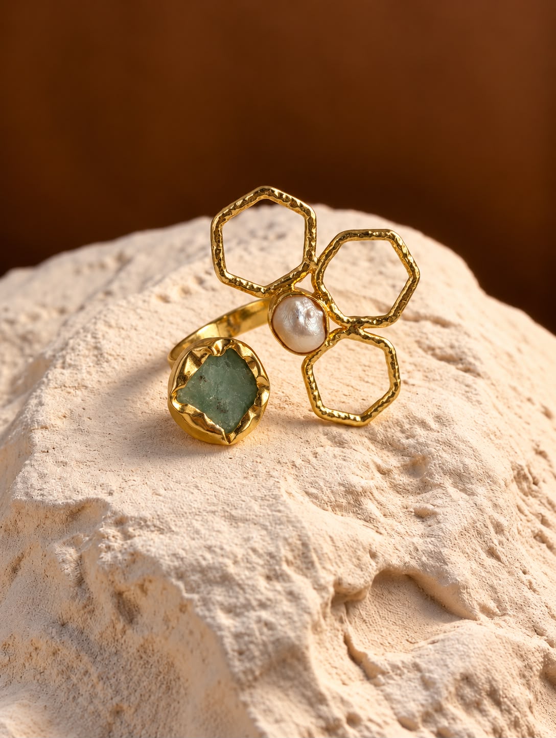 Green stone open petal ring