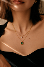 Load image into Gallery viewer, Layered Green Rectangle and Clear Stone Necklace
