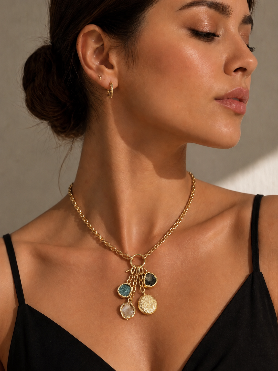 Multicolour stone charm cluster necklace