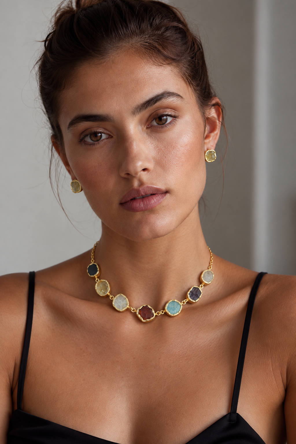 Multicolour uncut stone link necklace