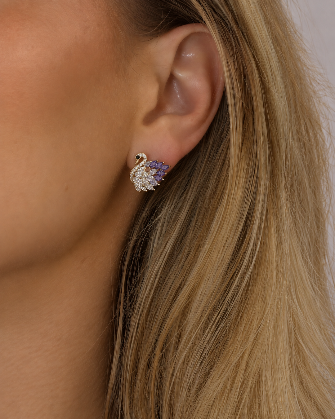 Purple Accent Swan Stud Earrings