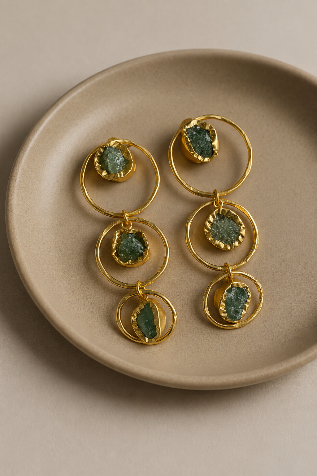 Teal stone triple circle earrings