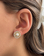 Load image into Gallery viewer, White Bead Baguette Halo Stud Earrings
