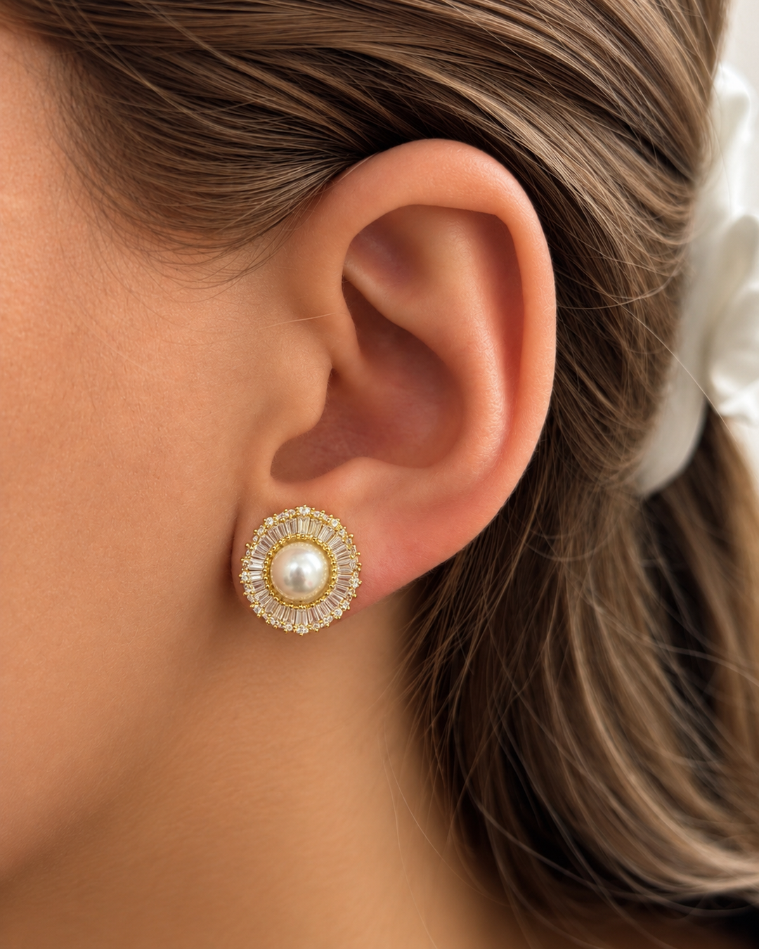 White Bead Fine Halo Stud Earrings