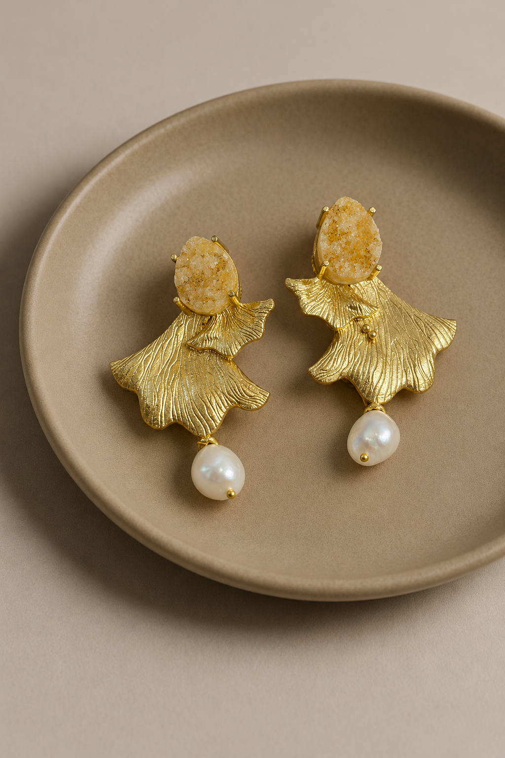 Yellow Stone Fan Leaf Bead Earrings